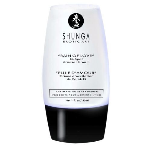 Gros plan du flacon de creme stimulante point G Shunga Pluie d'Amour, plastique blanc et noir, 30 ml - Oh My God'Z