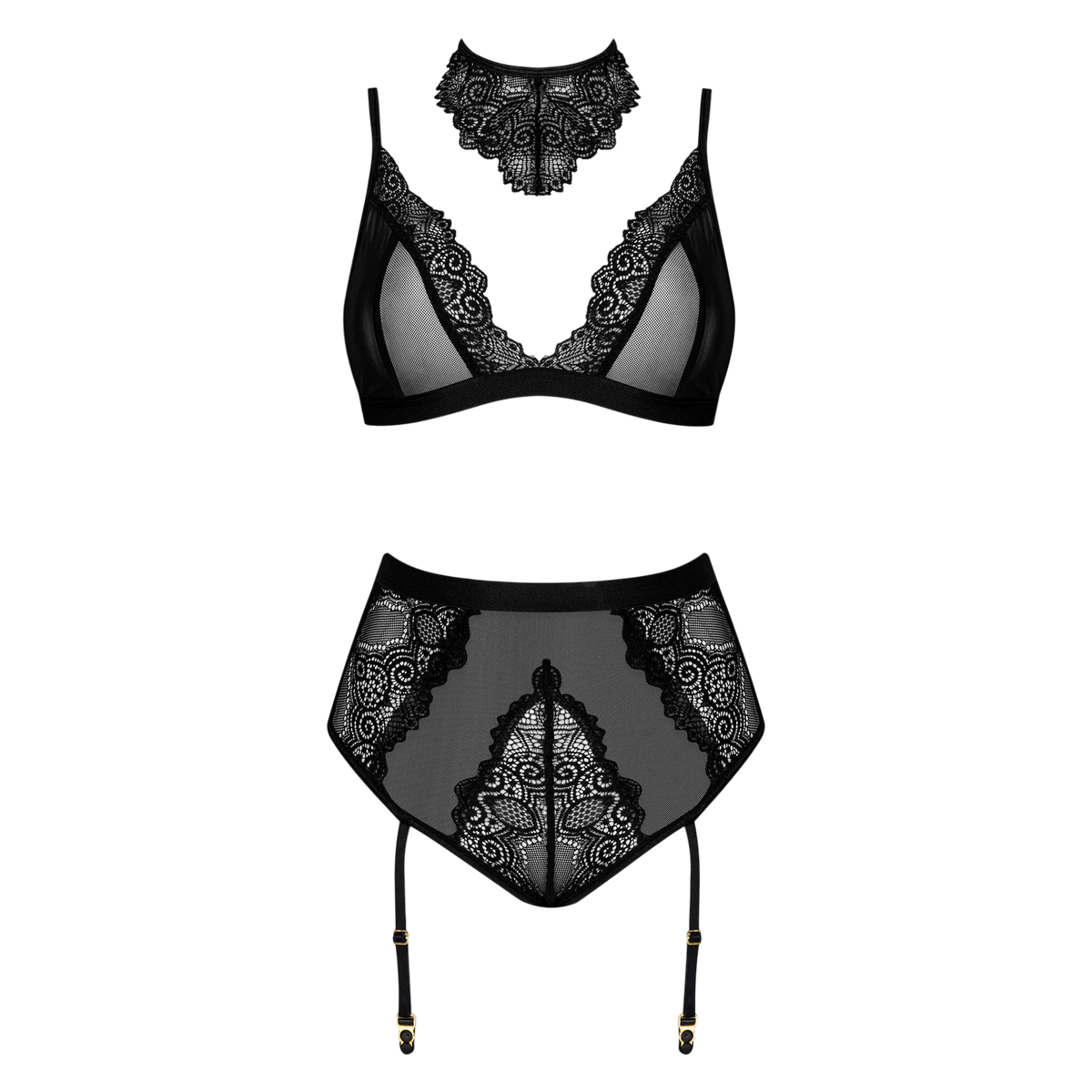 Ensemble lingerie Cristalyn noir a plat : collier, soutien-gorge dentelle et culotte porte-jarretelles - Oh My God'Z