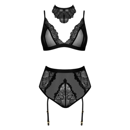 Ensemble lingerie Cristalyn noir a plat : collier, soutien-gorge dentelle et culotte porte-jarretelles - Oh My God'Z