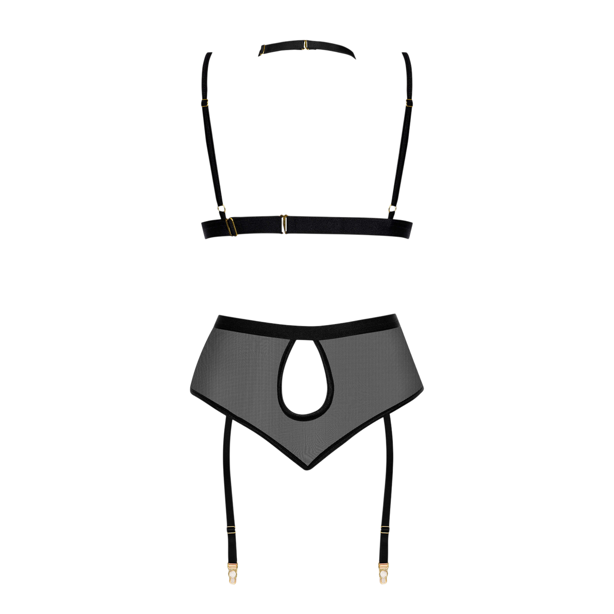 Dos a plat de l'ensemble Cristalyn noir : bretelles elastiques reglables et decoupe keyhole en maille - Oh My God'Z