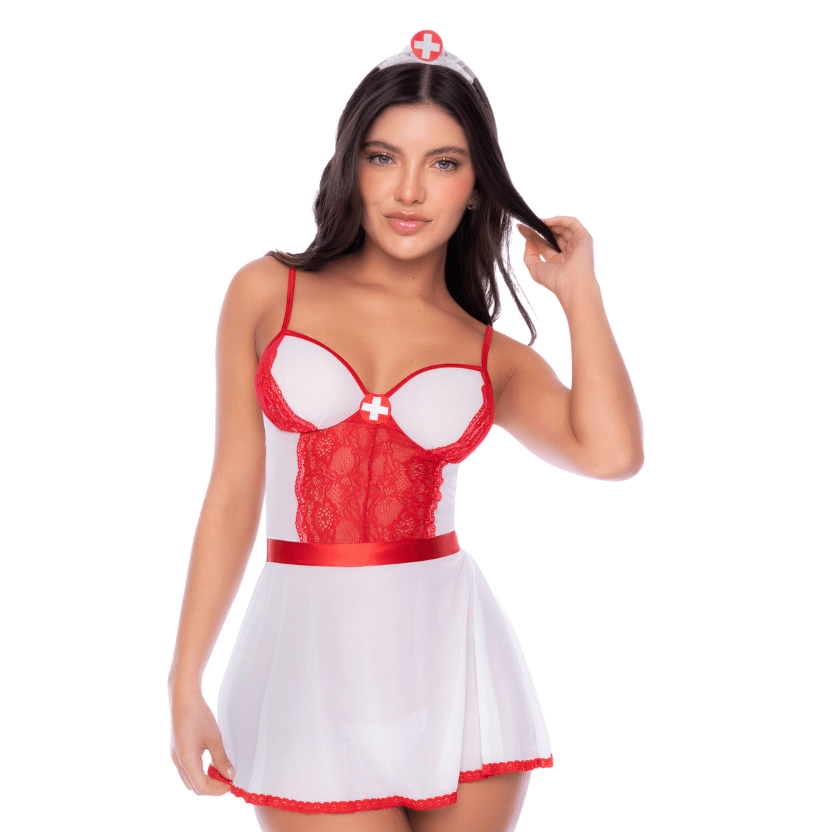 Deguisement infirmiere Mapale, bustier blanc a dentelle rouge et mini-jupe, vue de face - Oh My God'Z