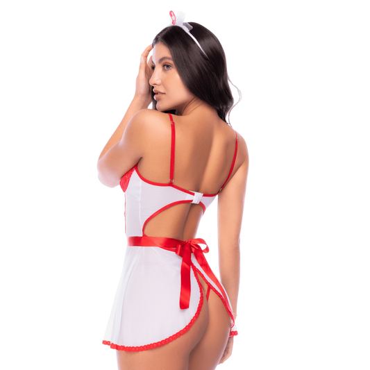 Deguisement infirmiere blanc et rouge Mapale, dos nu avec large ruban satine noue, vue de dos - Oh My God'Z