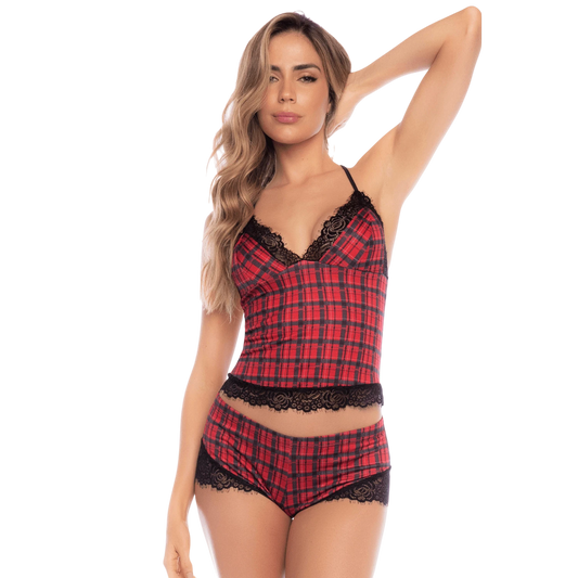 Ensemble lingerie 2 pièces imprimé écossais rouge et noir avec dentelle, top à bretelles et short - Oh My God'Z