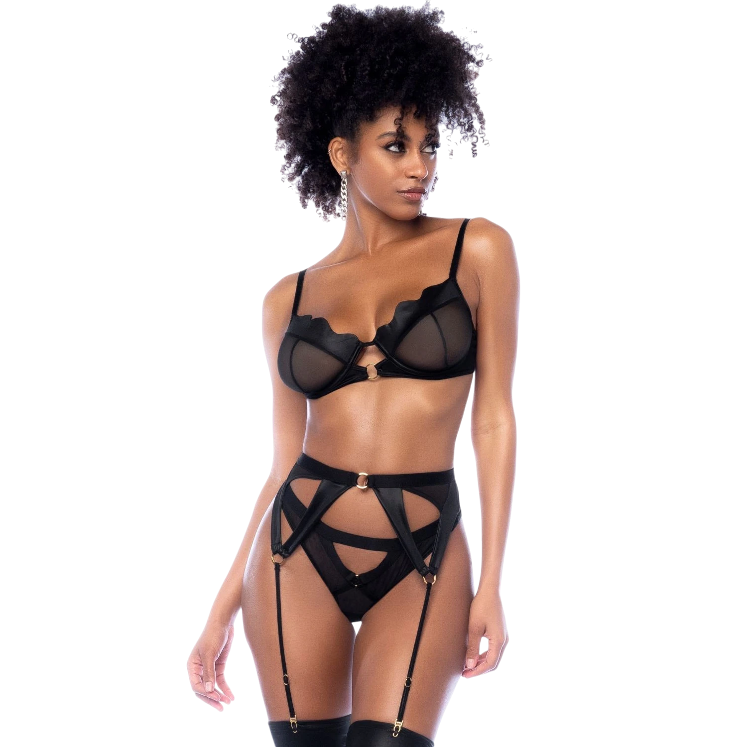 Ensemble 3 pièces wetlook noir : soutien-gorge armatures, porte-jarretelles et string en maille - Oh My God'Z