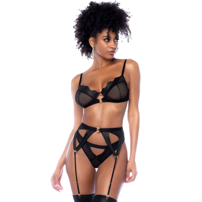 Ensemble 3 pièces wetlook noir : soutien-gorge armatures, porte-jarretelles et string en maille - Oh My God'Z