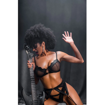 Ensemble lingerie 3 pièces noir wetlook complet avec porte-jarretelles et anneaux dorés - Oh My God'Z