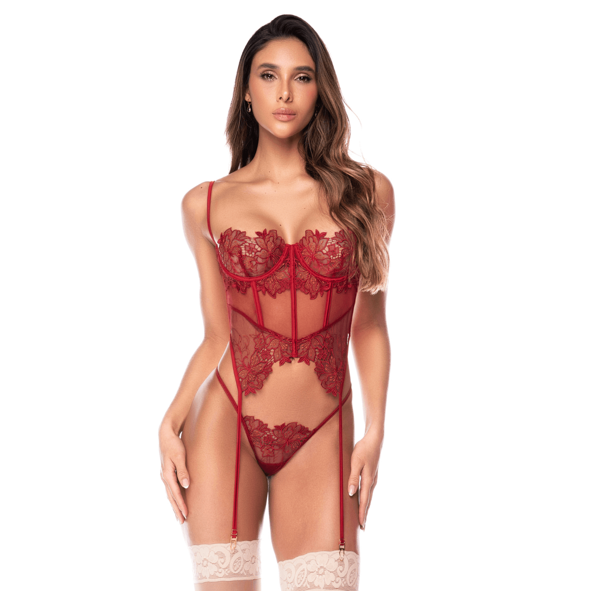 Femme de face en bustier bois de rose en resille et dentelle brodee avec jarretelles et string Mapale - Oh My God'Z