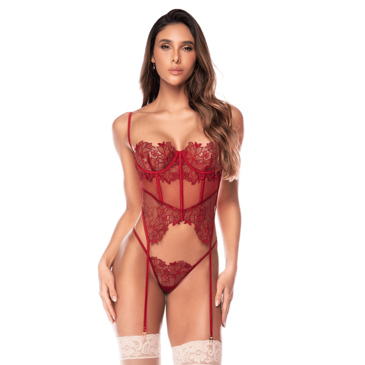 Femme de face en bustier bois de rose en resille et dentelle brodee avec jarretelles et string Mapale - Oh My God'Z