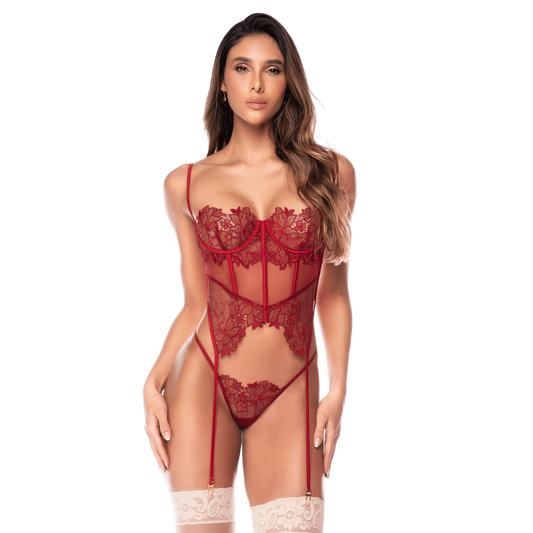 Femme de face en bustier bois de rose en resille et dentelle brodee avec jarretelles et string Mapale - Oh My God'Z