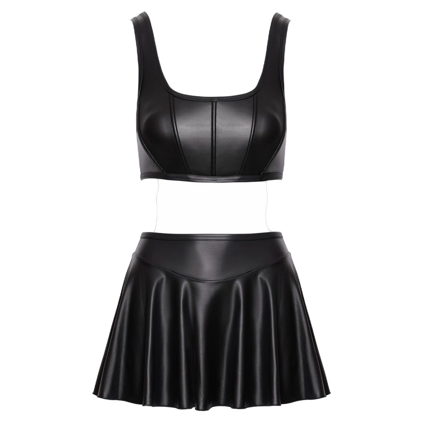 Détail du top bustier noir mat Cottelli PARTY avec baleines de maintien et mini-jupe évasée à plat