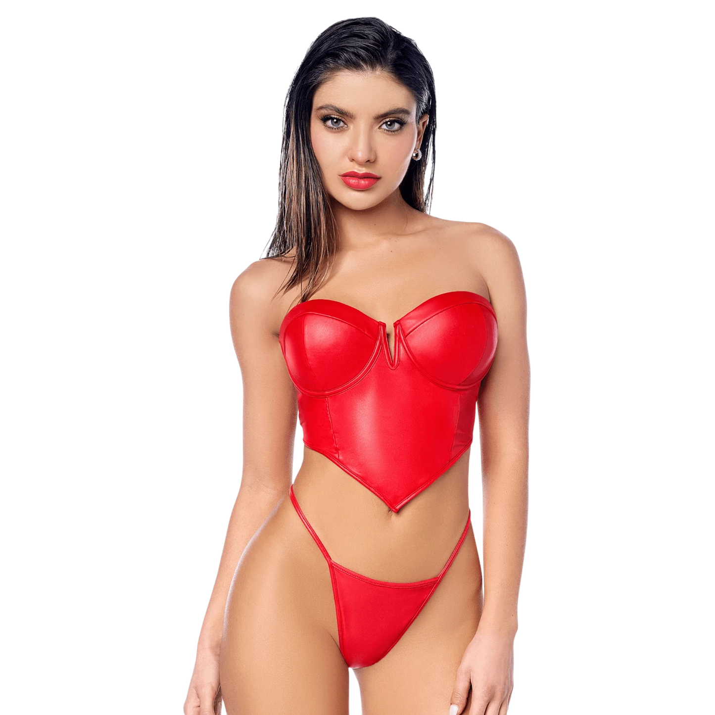 Ensemble 2 pièces bustier et string en similicuir rouge vif, bretelles amovibles, vue de face - Oh My God'Z