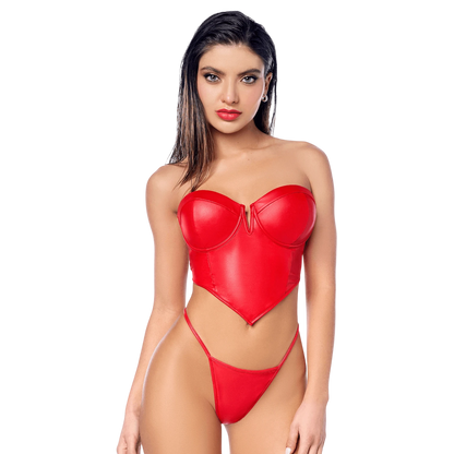 Ensemble 2 pièces bustier et string en similicuir rouge vif, bretelles amovibles, vue de face - Oh My God'Z
