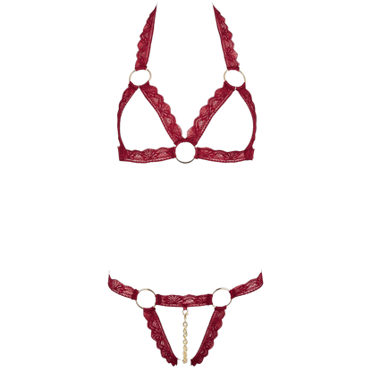Soutien-gorge ouvert harnais dentelle bordeaux à anneaux dorés - Oh My God'Z
