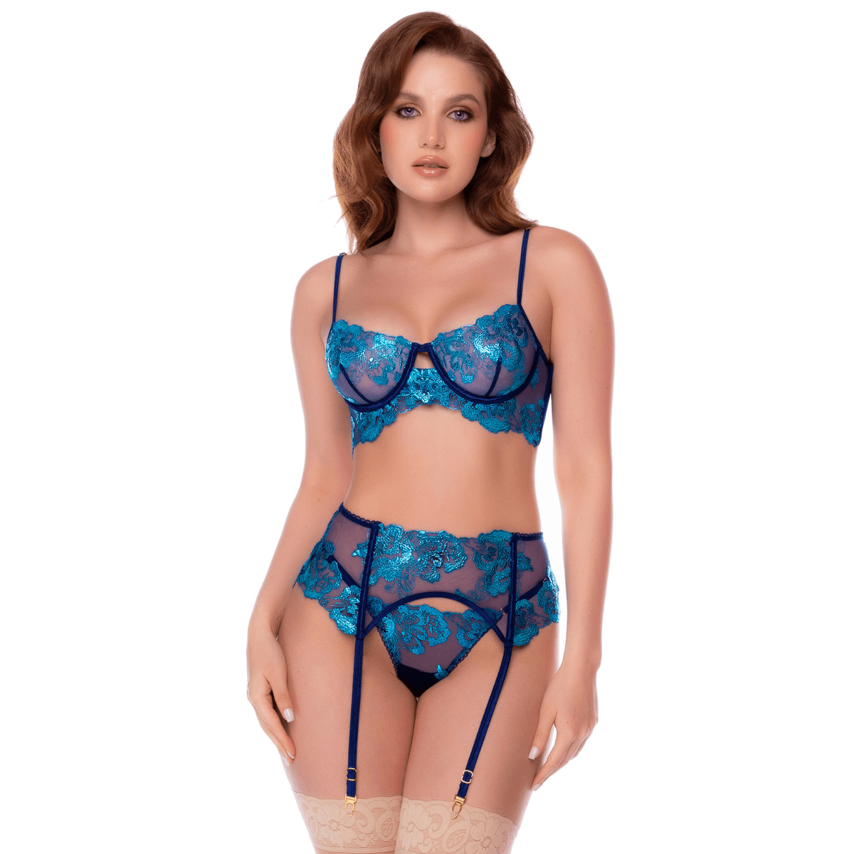 Ensemble lingerie 3 pieces bleu nuit brode Mapale, soutien-gorge armatures et porte-jarretelles - Oh My God'Z