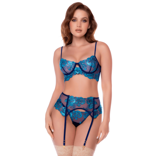 Ensemble lingerie 3 pieces bleu nuit brode Mapale, soutien-gorge armatures et porte-jarretelles - Oh My God'Z