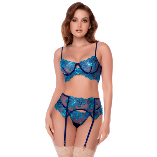 Ensemble lingerie 3 pieces bleu nuit brode Mapale, soutien-gorge armatures et porte-jarretelles - Oh My God'Z