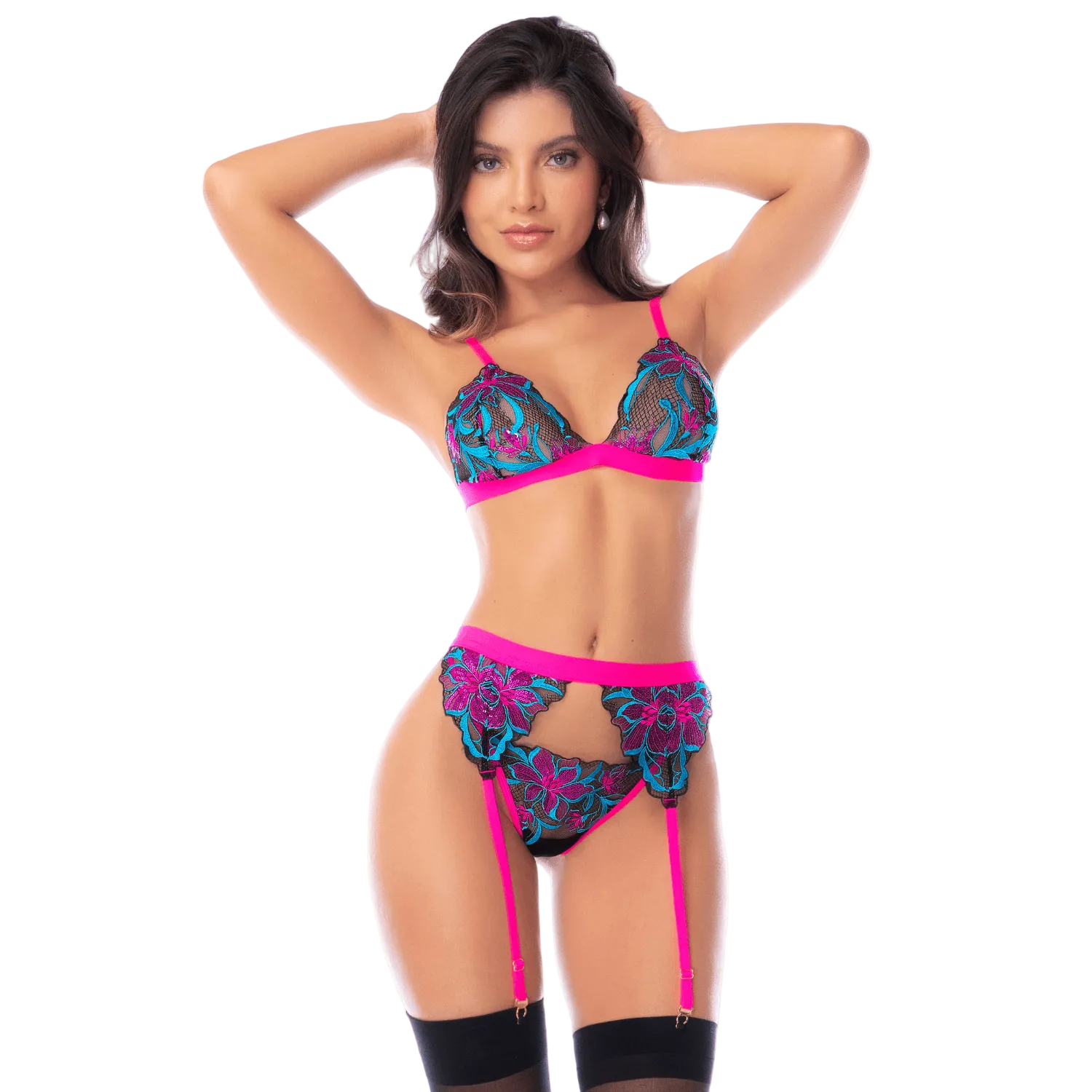 Ensemble lingerie 3 pièces brodé bleu et rose avec sequins, soutien-gorge triangle et porte-jarretelles - Oh My God'Z