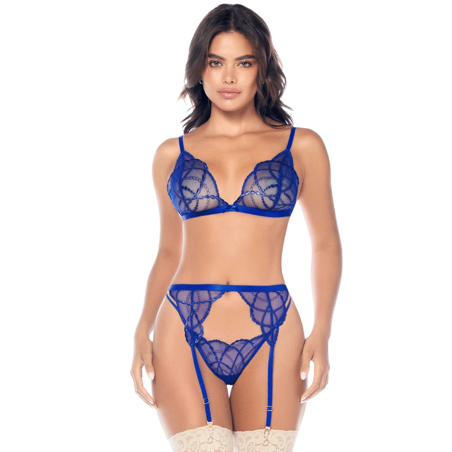 Ensemble lingerie 3 pièces bleu roi avec broderie brillante, soutien-gorge, string et porte-jarretelles - Oh My God'Z