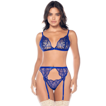 Ensemble lingerie 3 pièces bleu roi avec broderie brillante, soutien-gorge, string et porte-jarretelles - Oh My God'Z