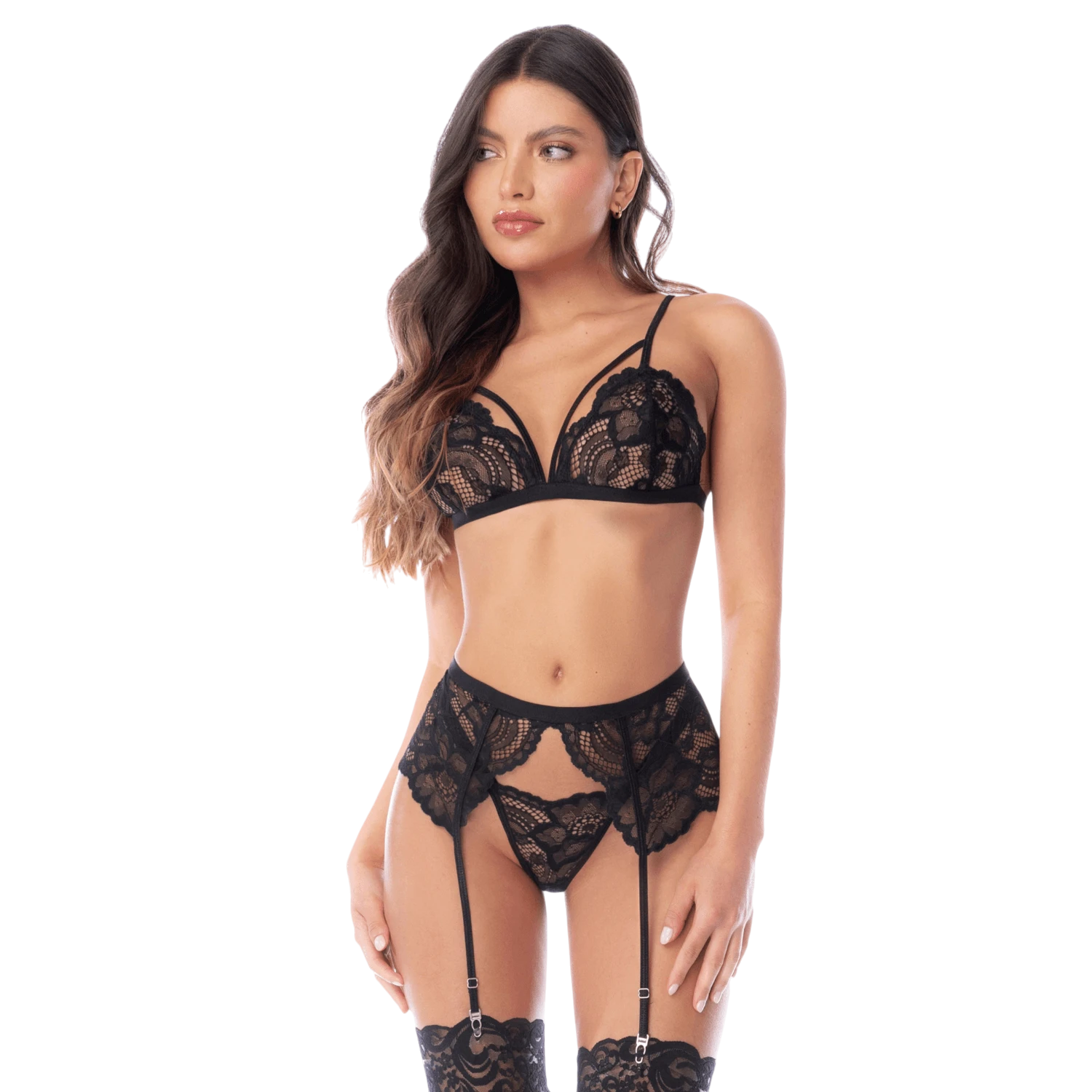 Ensemble lingerie 3 pièces noir en dentelle avec soutien-gorge, string et porte-jarretelles Mapalé - Oh My God'Z