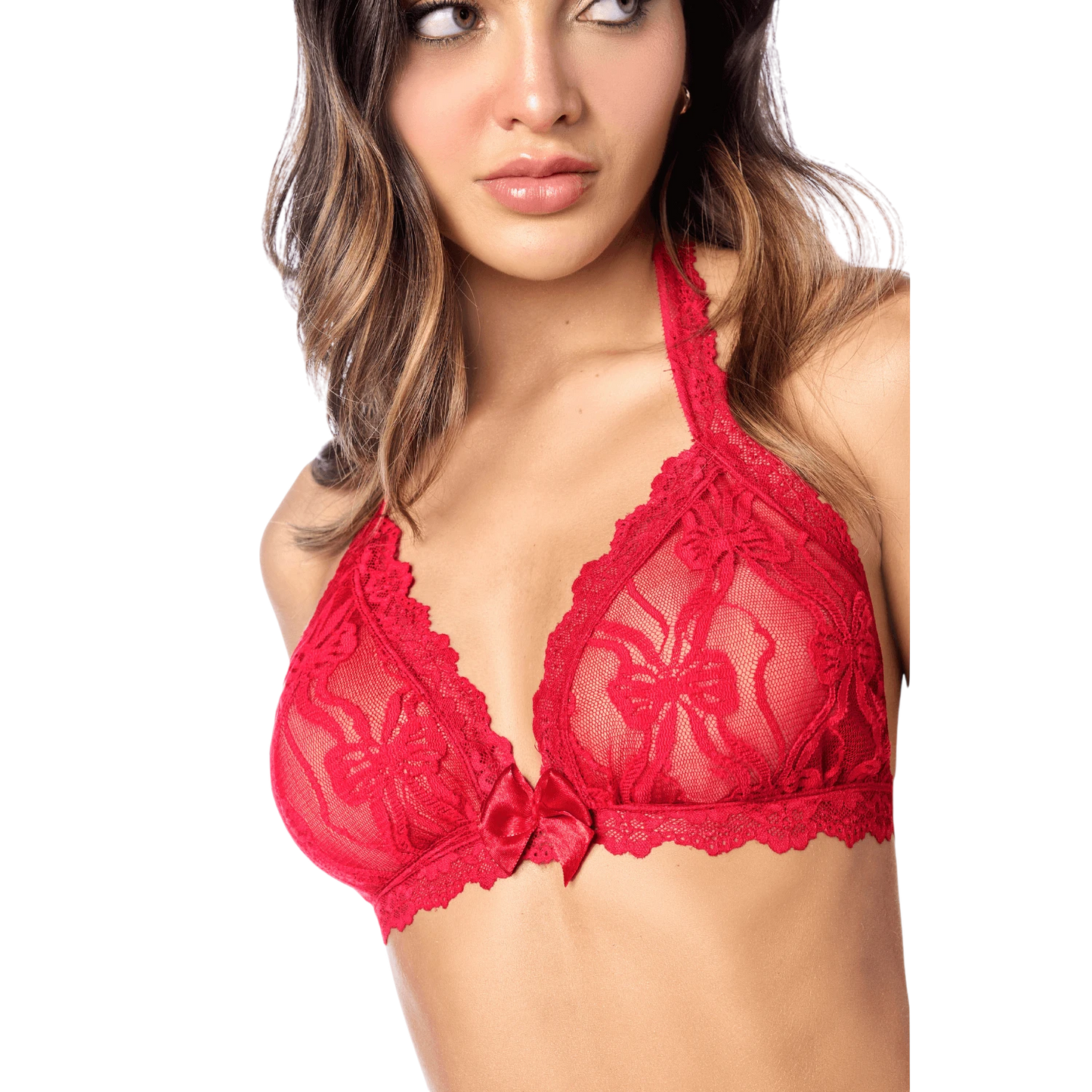 Détail du soutien-gorge en dentelle rouge transparente avec nœud satin central et bordures raffinées - Oh My God'Z