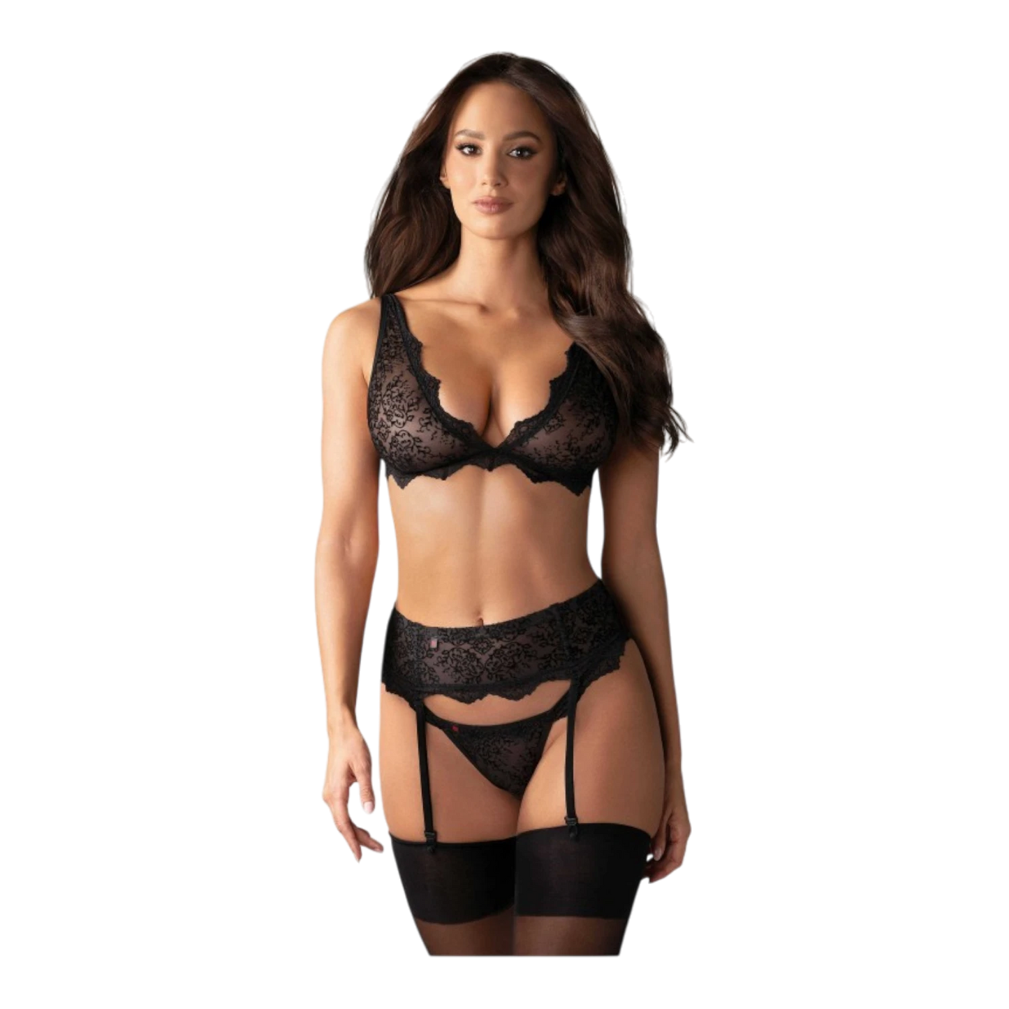 Ensemble lingerie 3 pièces noir Emperita : soutien-gorge dentelle transparente, porte-jarretelles et string - Oh My God'Z