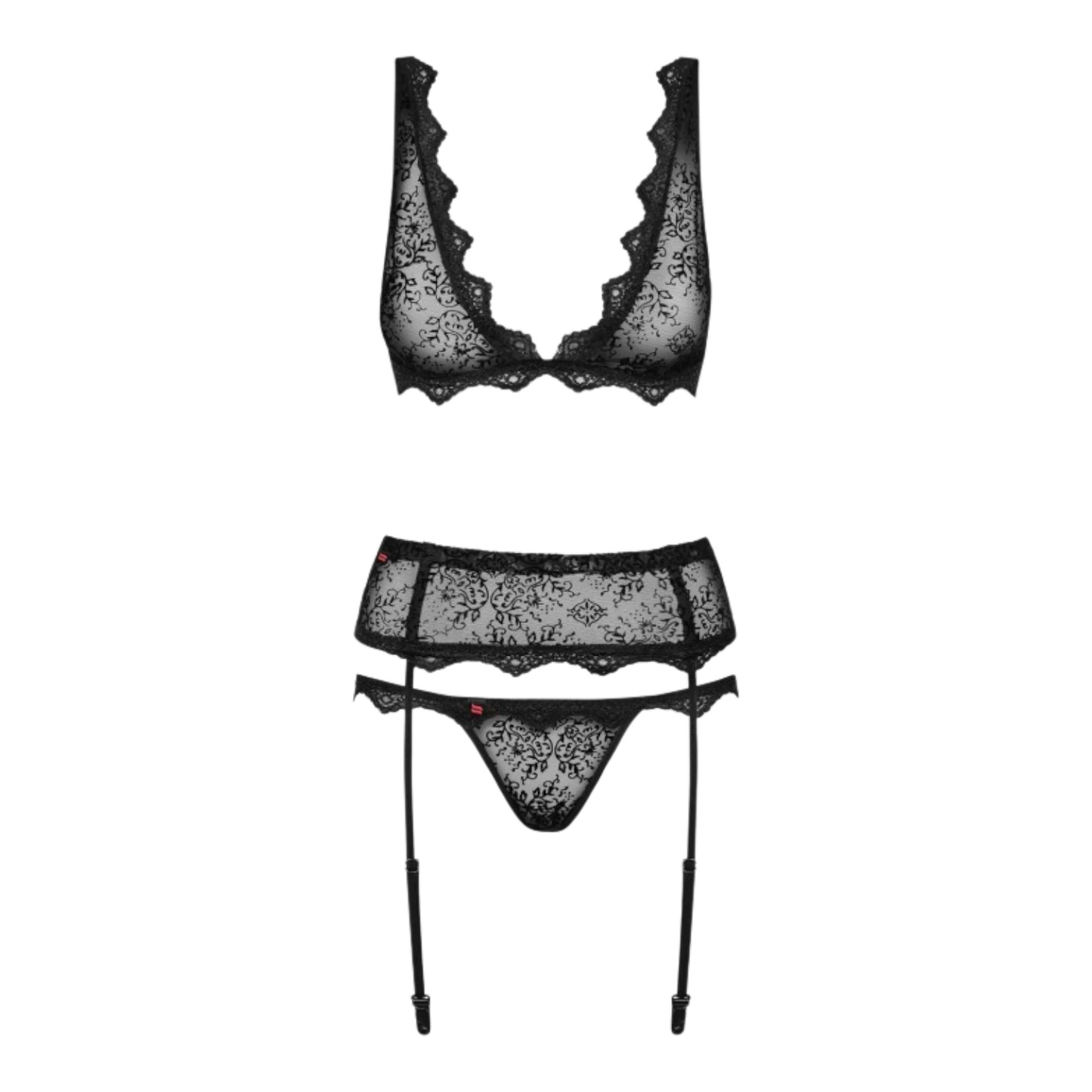 Ensemble 3 pièces Emperita noir à plat : soutien-gorge, porte-jarretelles laçage et string en dentelle - Oh My God'Z