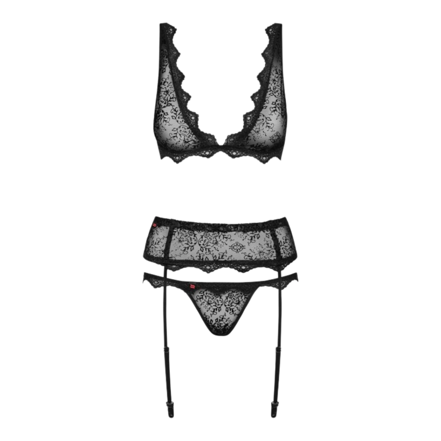 Ensemble 3 pièces Emperita noir à plat : soutien-gorge, porte-jarretelles laçage et string en dentelle - Oh My God'Z