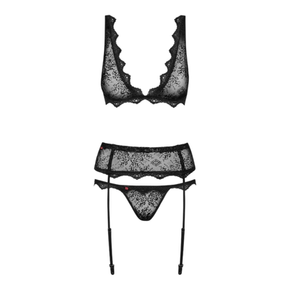 Ensemble 3 pièces Emperita noir à plat : soutien-gorge, porte-jarretelles laçage et string en dentelle - Oh My God'Z