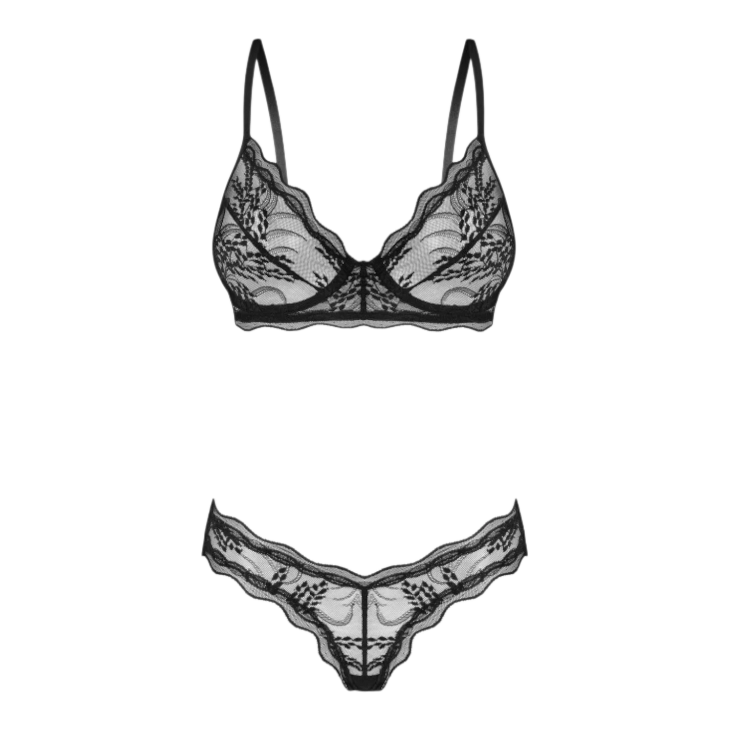 Détail soutien-gorge et culotte noire en dentelle fine avec motif organique et bordure décorative - Oh My God'Z