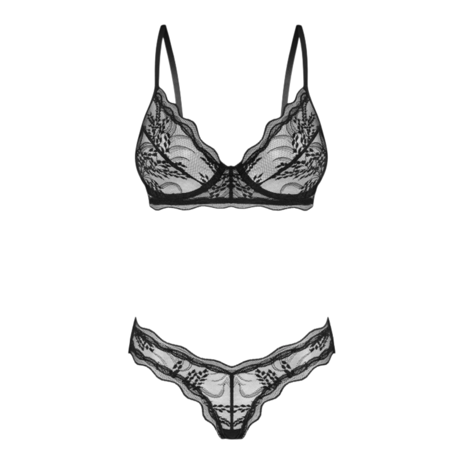 Détail soutien-gorge et culotte noire en dentelle fine avec motif organique et bordure décorative - Oh My God'Z