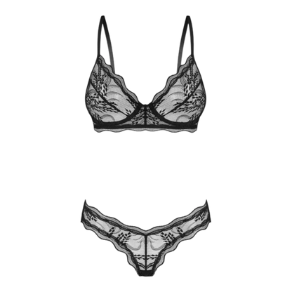 Détail soutien-gorge et culotte noire en dentelle fine avec motif organique et bordure décorative - Oh My God'Z