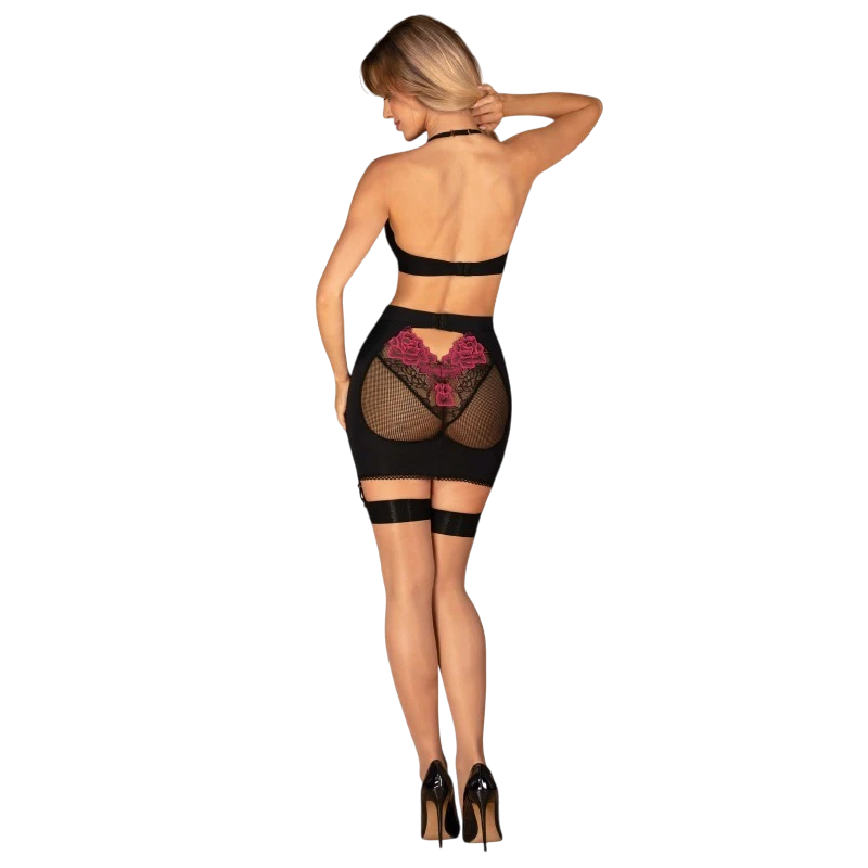 Vue arrière ensemble lingerie Rosenty noir avec jupe moulante à empiècement mesh et broderies roses - Oh My God'Z