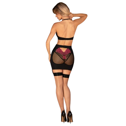 Vue arrière ensemble lingerie Rosenty noir avec jupe moulante à empiècement mesh et broderies roses - Oh My God'Z