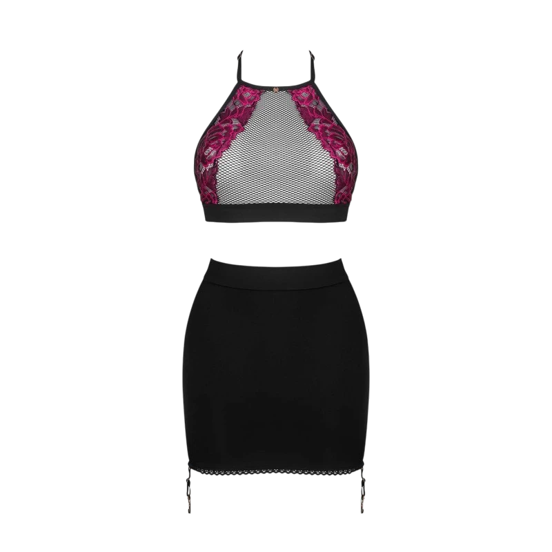 Détails ensemble Rosenty à plat : top halter mesh noir avec broderies roses et jupe porte-jarretelles - Oh My God'Z