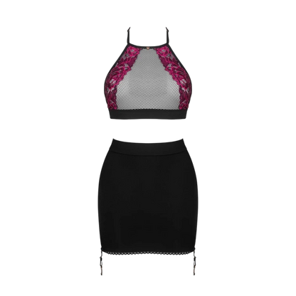 Détails ensemble Rosenty à plat : top halter mesh noir avec broderies roses et jupe porte-jarretelles - Oh My God'Z
