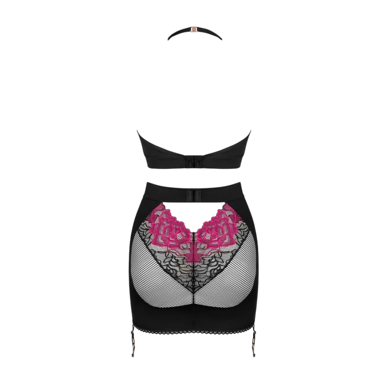 Vue arrière à plat ensemble Rosenty noir avec empiècement mesh transparent et broderies florales roses - Oh My God'Z