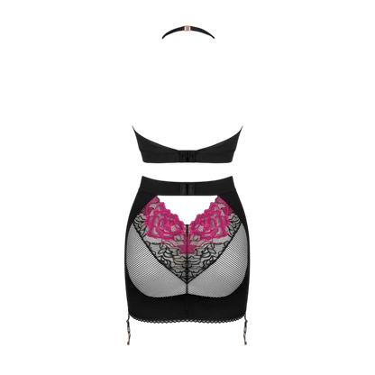 Vue arrière à plat ensemble Rosenty noir avec empiècement mesh transparent et broderies florales roses - Oh My God'Z