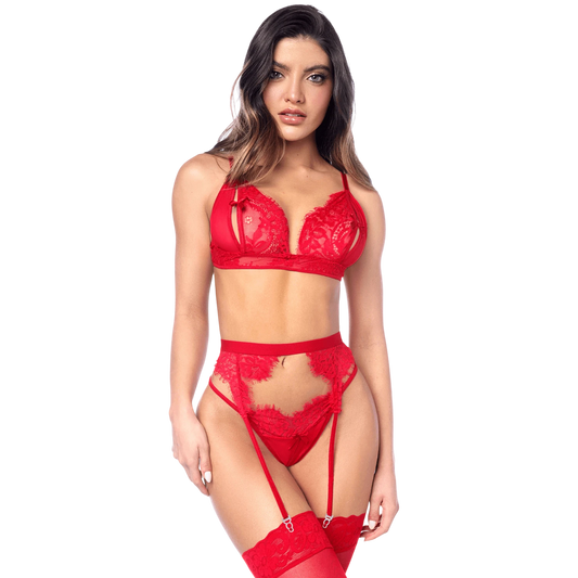 Ensemble lingerie rouge 3 pièces avec bralette dentelle, string et porte-jarretelles assortis - Oh My God'Z