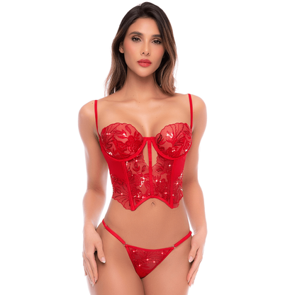 Femme de face en ensemble lingerie 2 pieces rouge ecarlate, bustier brode sequins et string Mapale - Oh My God'Z