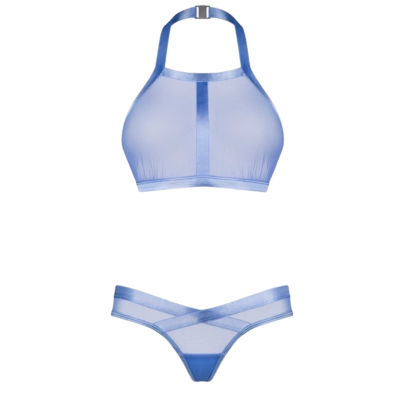 Détail top halter bleu transparent Shaderi et string asymétrique à plat avec bordures satinées - Oh My God'Z