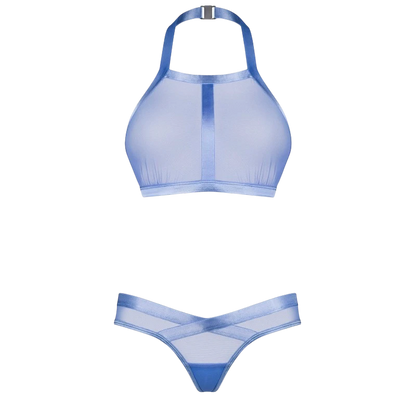 Détail top halter bleu transparent Shaderi et string asymétrique à plat avec bordures satinées - Oh My God'Z