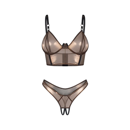 Détail plat ensemble Soranna : top doré transparent à armatures et string ouvert sur fond blanc - Oh My God'Z