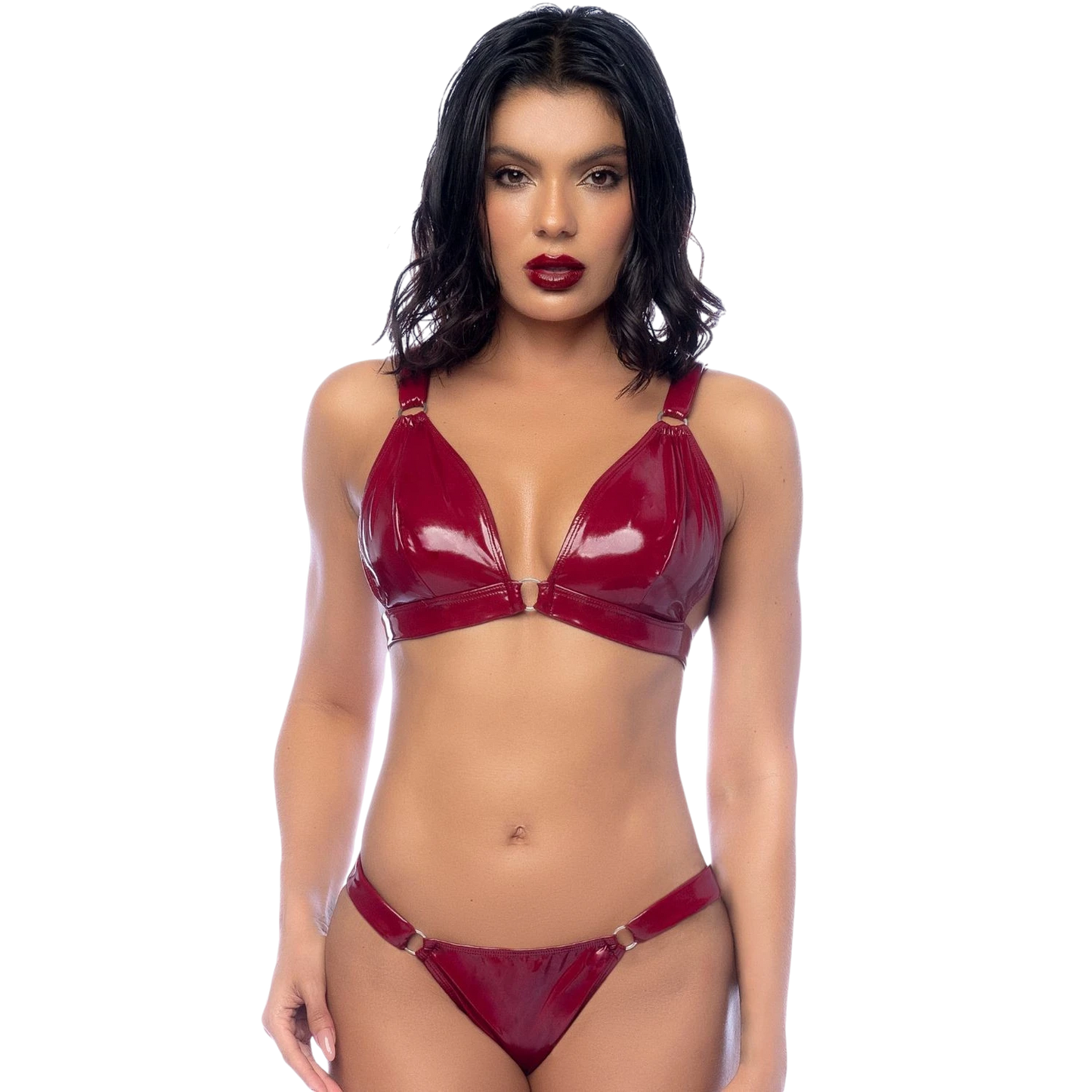 Ensemble lingerie deux pièces en vinyle bordeaux brillant avec soutien-gorge triangle et string - Oh My God'Z