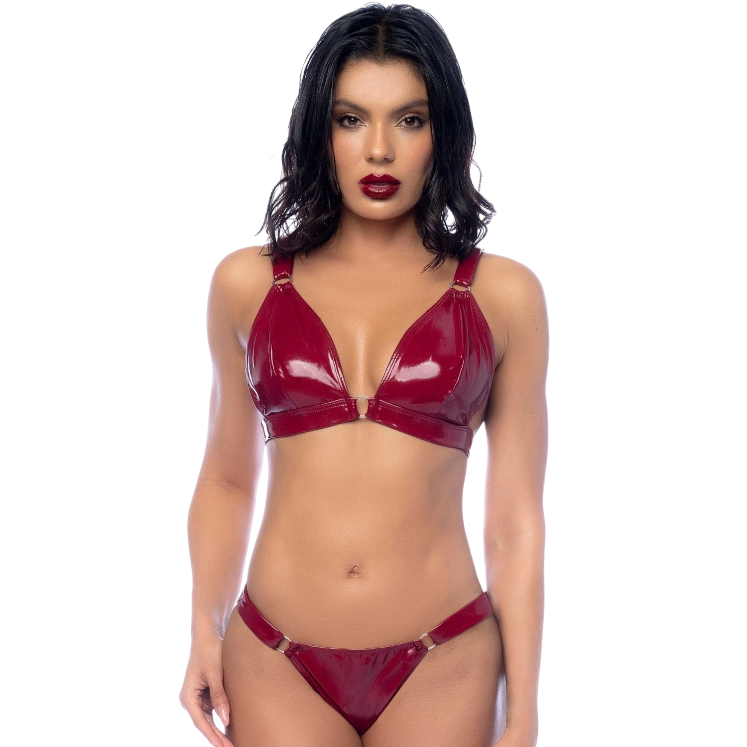 Ensemble lingerie deux pièces en vinyle bordeaux brillant avec soutien-gorge triangle et string - Oh My God'Z