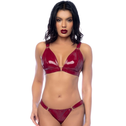 Ensemble lingerie deux pièces en vinyle bordeaux brillant avec soutien-gorge triangle et string - Oh My God'Z