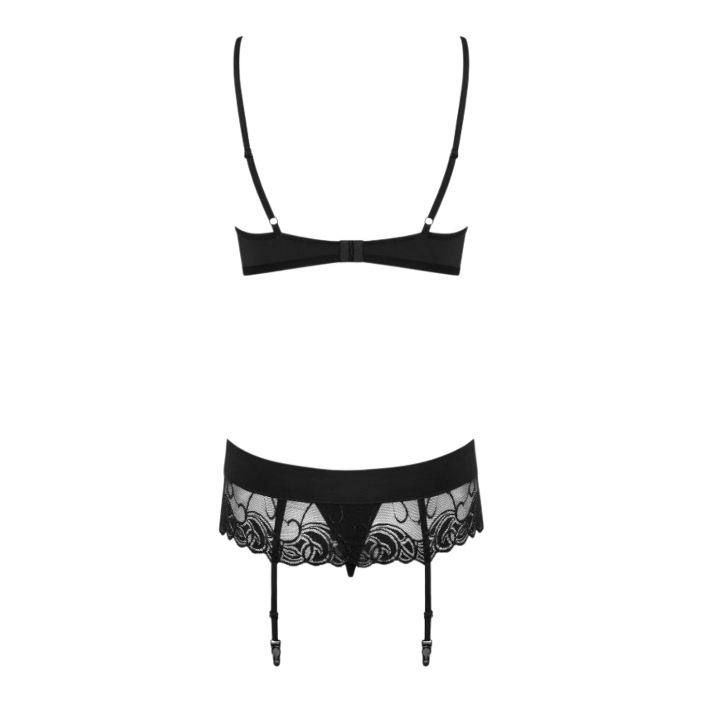 Vue dos soutien-gorge et porte-jarretelles Wonderia noir en dentelle, bretelles réglables, ensemble 3 pièces - Oh My God'Z