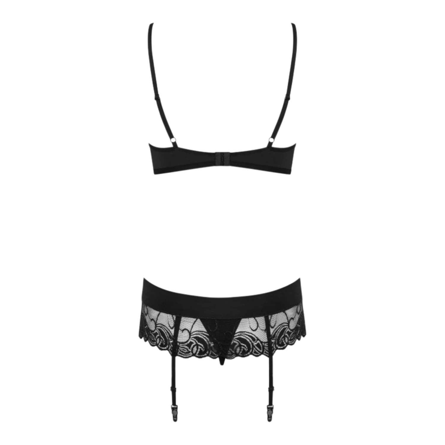 Vue dos soutien-gorge et porte-jarretelles Wonderia noir en dentelle, bretelles réglables, ensemble 3 pièces - Oh My God'Z