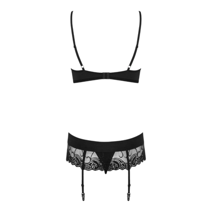 Vue dos soutien-gorge et porte-jarretelles Wonderia noir en dentelle, bretelles réglables, ensemble 3 pièces - Oh My God'Z