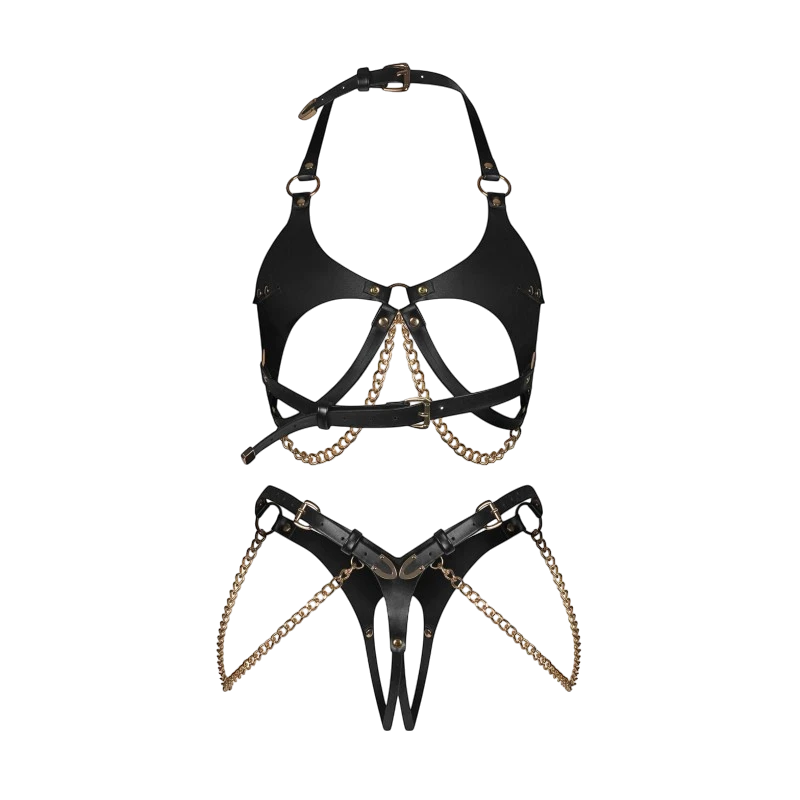 Ensemble ouvert Anyya noir 2 pièces en simili cuir avec chaînes dorées, détail ceintures réglables - Oh My God'Z